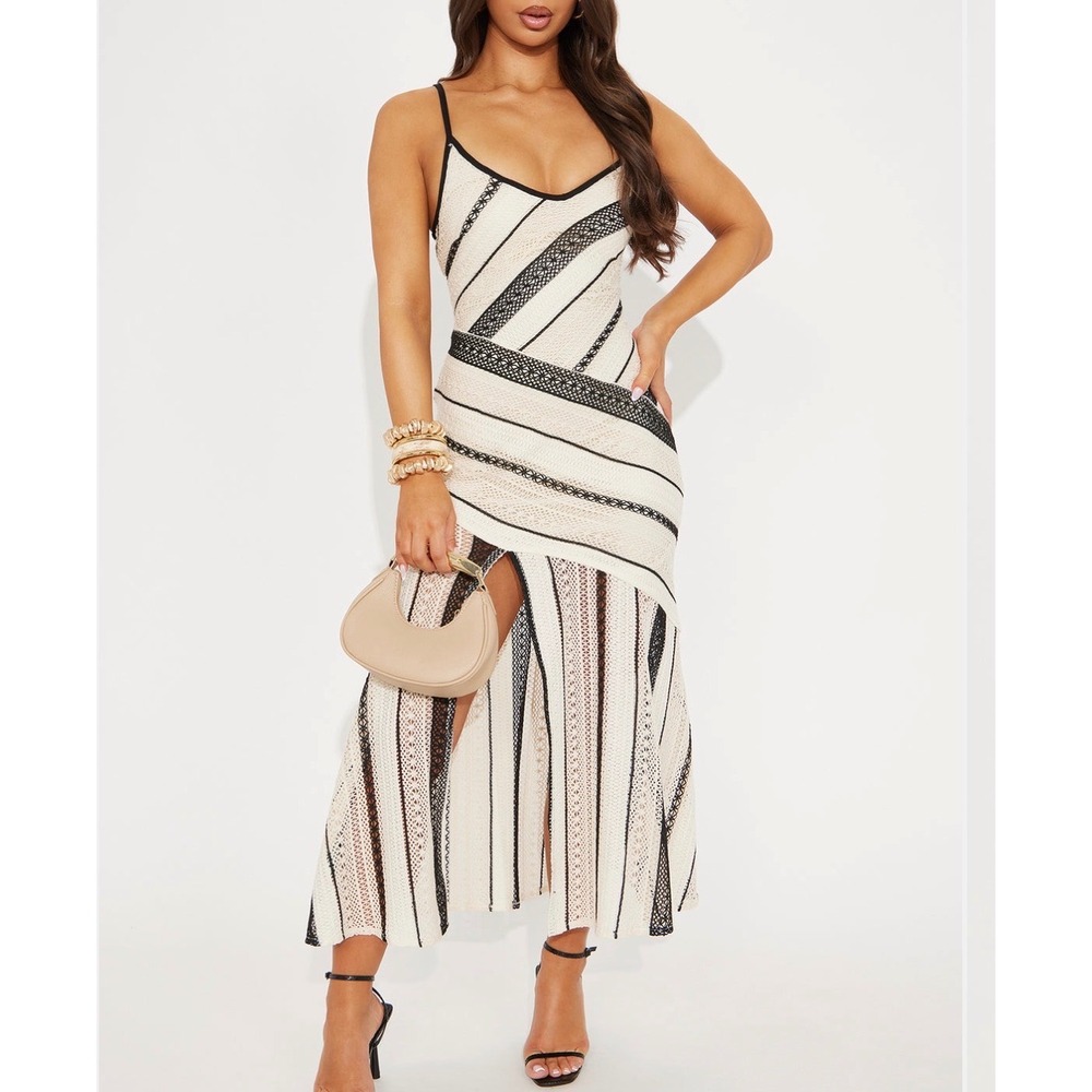 Fashion Nova Cream Black Crochet Striped Maxi Dress V-Neck Side Slit Boho NEW S